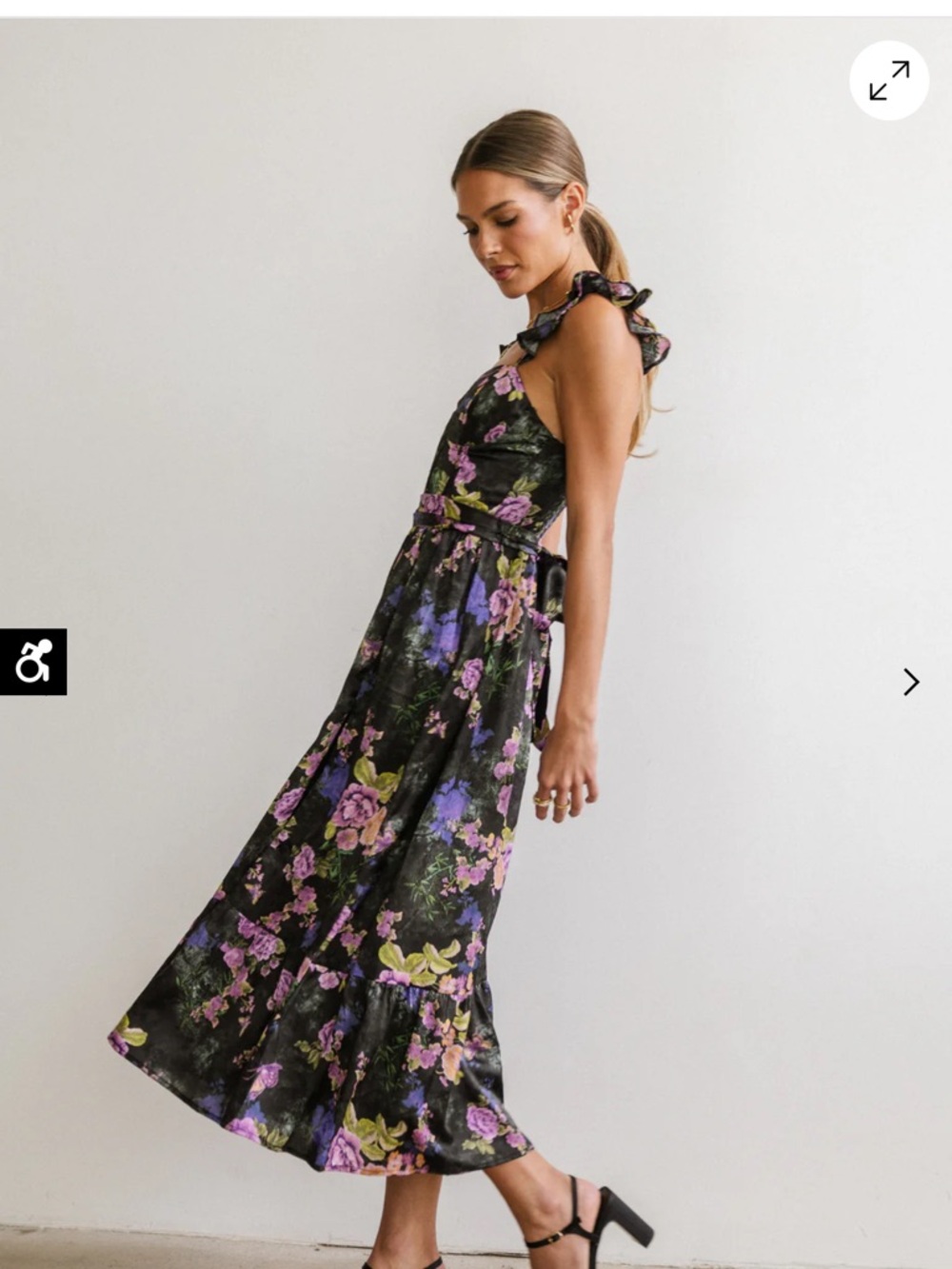 Lulu's Black Floral Ruffle-Striped Midi Dress with Purple and Pink Blooms - Picture 4 of 7
